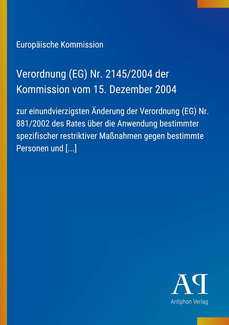 Europäische Kommission: Verordnung über Änderungen und Maßnahmen; blau mit gelbem Rand; Logo unten rechts.