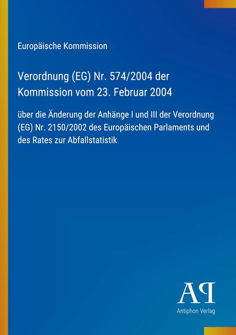 Text über Verordnung (EG) Nr. 574/2004 der Europäischen Kommission. Blaues Layout mit einem gelben Rand. Logo unten.