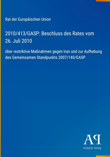 Text über EU-Beschluss zu Maßnahmen gegen Iran; blauer Hintergrund, unten rechts ein Verlag-Logo.