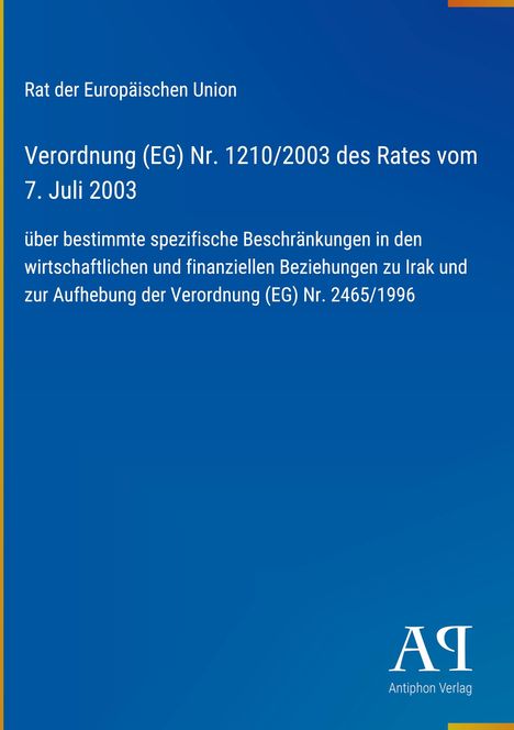 Text zur Verordnung über EU-Beschränkungen zu Irak; blau, weißer Text, Verlagslogo unten rechts.