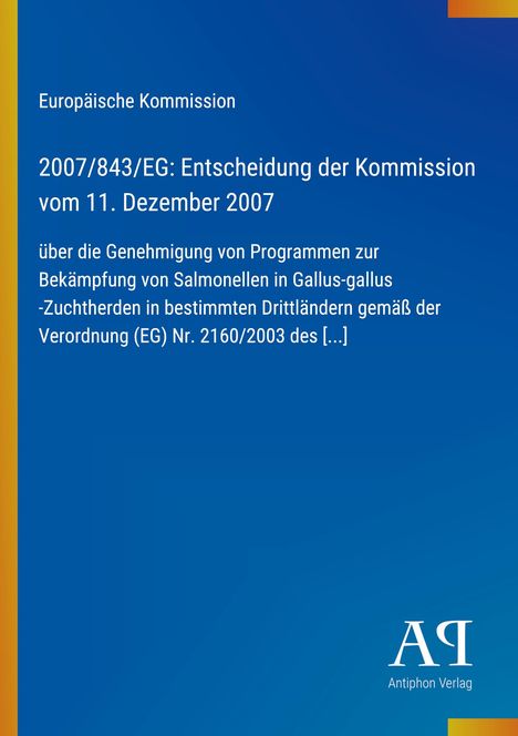 Europäische Kommission: Entscheidung zur Bekämpfung von Salmonellen. Blau mit gelbem Rand und Verlagssymbol unten.