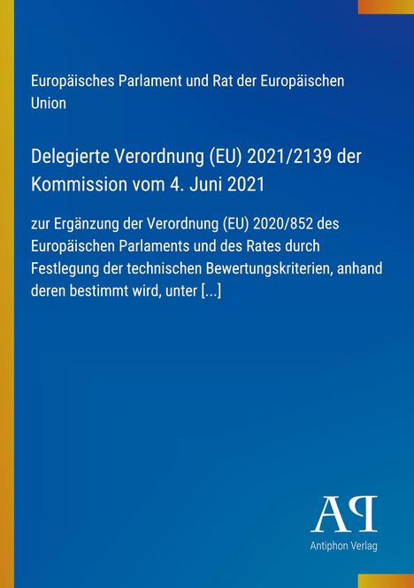Text: Delegierte Verordnung (EU) 2021/2139 vom 4. Juni 2021. Blauer Hintergrund mit gelbem Streifen und Logo unten.