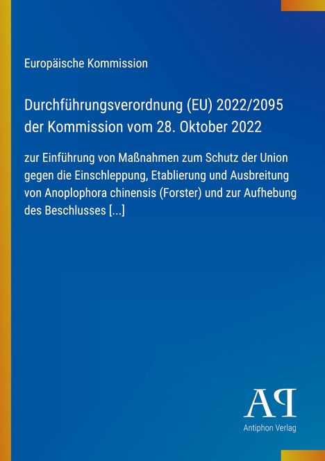 Text: "Durchführungsverordnung (EU) 2022/2095 der Kommission vom 28. Oktober 2022." Blaues Design mit gelbem Rand.