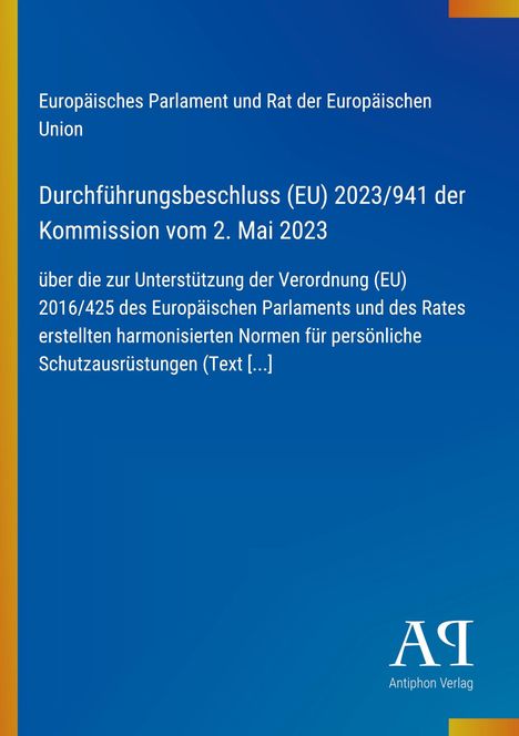Text über EU-Durchführungsbeschluss von 2023. Blauer Hintergrund, vertikaler gelber Streifen links, Logo unten rechts.