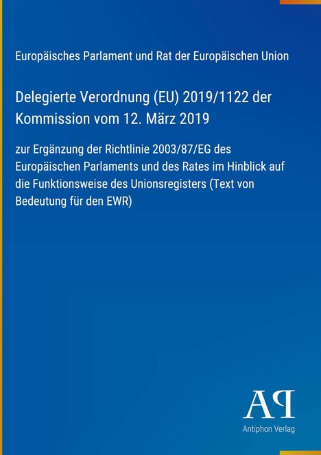"Delegierte Verordnung (EU) 2019/1122 der Kommission vom 12. März 2019", blauer Hintergrund, Verlagslogo unten.