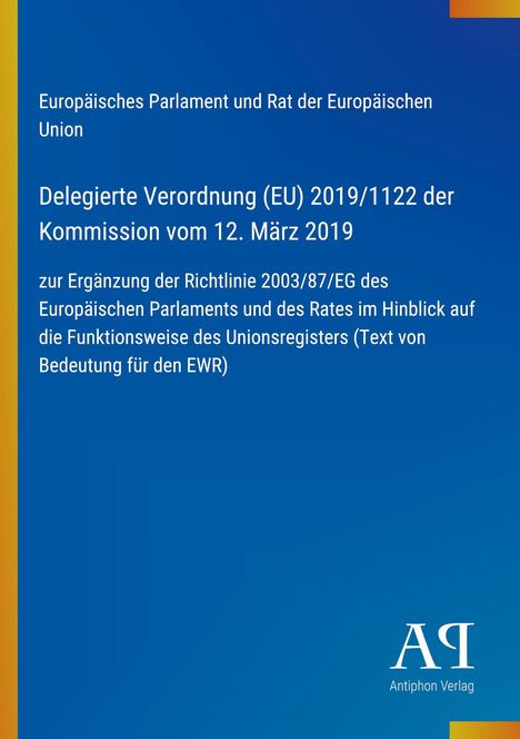 Europäische Verordnungstexte auf blauem Hintergrund, unten rechts "Antiphon Verlag" und ein orangefarbener Streifen.