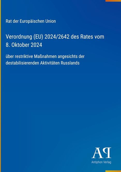 Text über EU-Verordnung zu Sanktionen gegen Russland, herausgegeben vom Rat der Europäischen Union. Blaues Design.