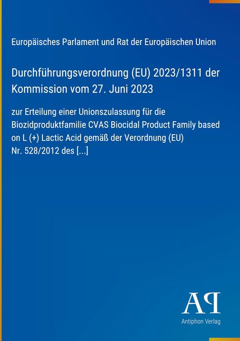 Durchführungsverordnung (EU) 2023/1311 der Kommission vom 27. Juni 2023. Blaues Cover, Text zentriert. Logo unten rechts.