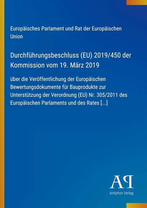 „Durchführungsbeschluss (EU) 2019/450 der Kommission vom 19. März 2019“. Blaues Hintergrund mit Verlagslogo.