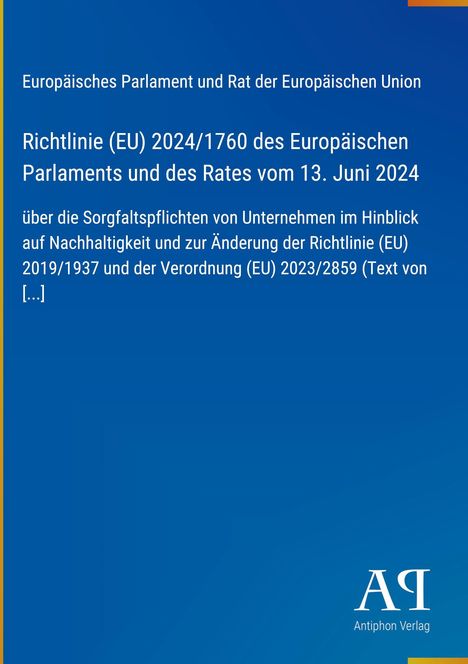 Richtlinie (EU) 2024/1760 über Sorgfaltspflichten zu Nachhaltigkeit, mit blauem Hintergrund und einem Logo unten rechts.