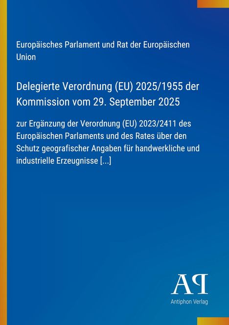 Europäisches Parlament: Delegierte Verordnung (EU) 2025/1955. Blauer Hintergrund mit gelbem Streifen und Logo.