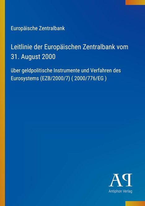 Text über Richtlinien der Europäischen Zentralbank vom 31. August 2000 auf blauem Hintergrund mit gelbem Rand.