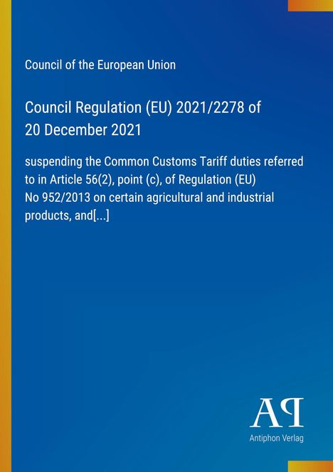 Ein blau-orangefarbener Hintergrund mit weißem Text zur EU-Verordnung 2021/2278 und einem Verlagslogo unten rechts.