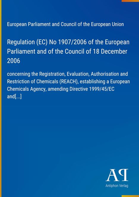 Text zur Regelung (EC) No 1907/2006; blaues Design mit goldener Kante; Antiphon Verlag Logo.