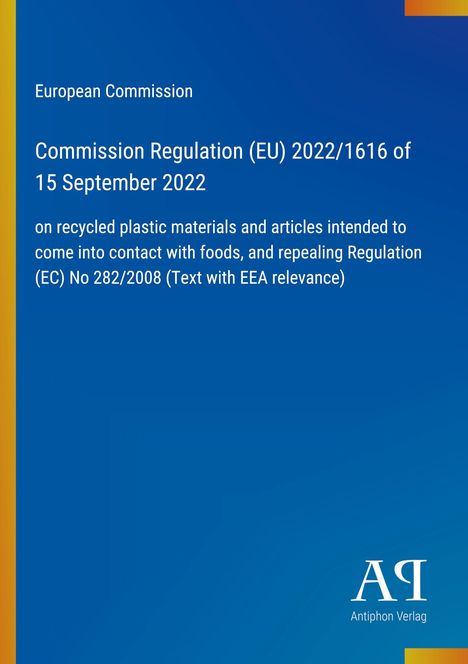 Text über EU-Verordnung zu recyceltem Plastik, Datum 15. September 2022. Blaues Design mit Verlagslogo unten rechts.