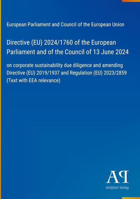 Europäisches Parlament, Rat der EU: Richtlinie (EU) 2024/1760 zu Unternehmensverantwortung. Blaues Design, Verlag-Logo.