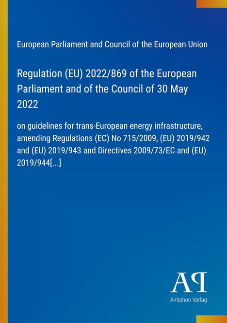 Text zur EU-Verordnung 2022/869 über Energieinfrastruktur-Richtlinien auf blauem Hintergrund, links gelber Streifen.