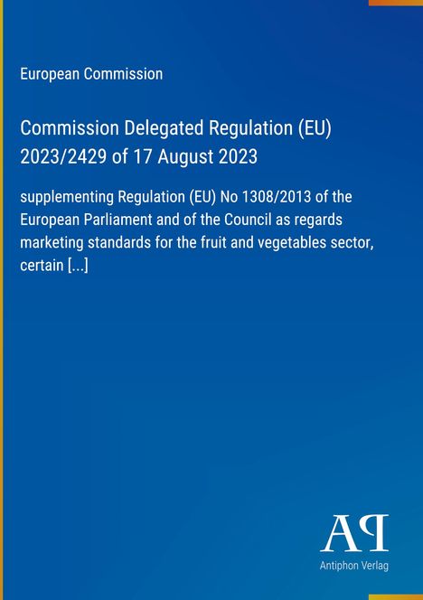 Text über europäische Regelung zur Vermarktung von Obst und Gemüse; blaues Design mit einem Logo unten rechts.