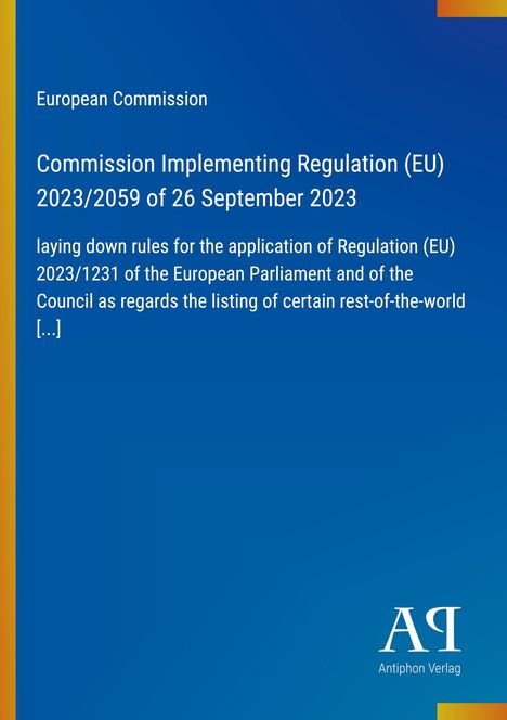 Titel: "Commission Implementing Regulation (EU) 2023/2059 of 26 September 2023". Blauer Hintergrund, weißer Text.
