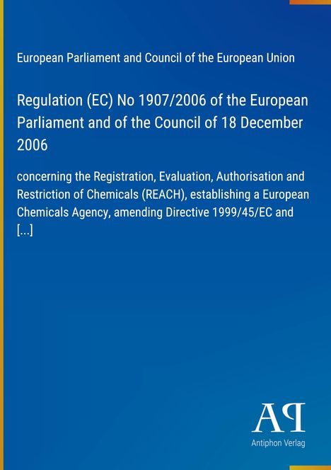 Text: Regulation (EC) No 1907/2006, REACH, European Chemicals Agency. Design: Blau mit weißen Buchstaben. Logo unten rechts.