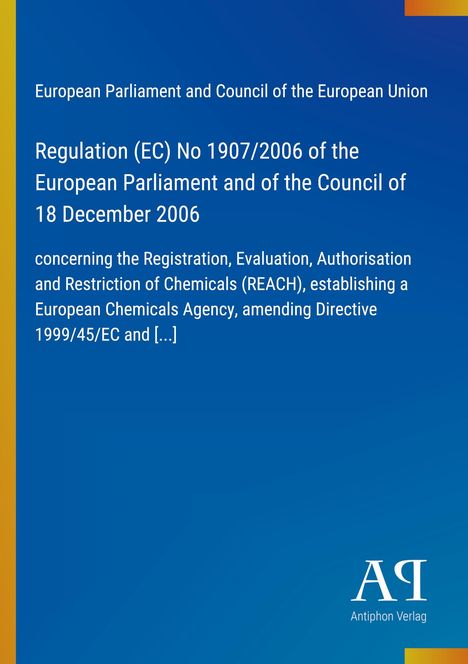 Titel: "Regulation (EC) No 1907/2006", Thema: Chemikalienregulierung. Blaues Design mit seitlichem gelben Streifen.