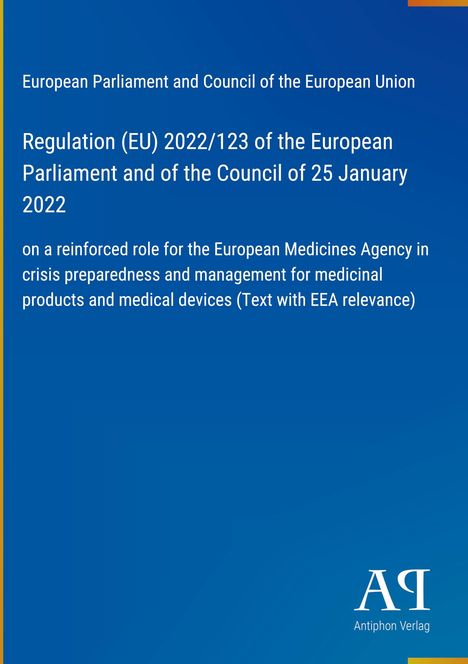 Text über EU-Regulation und Rolle der European Medicines Agency. Blau mit Logo des Antiphon Verlags unten rechts.