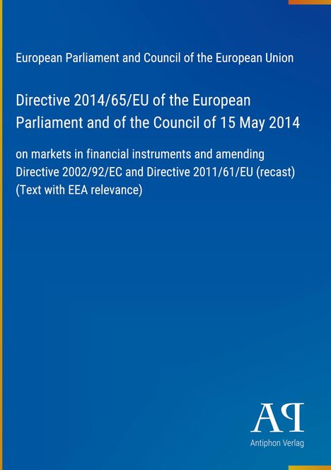 Directive 2014/65/EU on markets in financial instruments; oben europäische Institutionen; blaues Design, Logo unten rechts.
