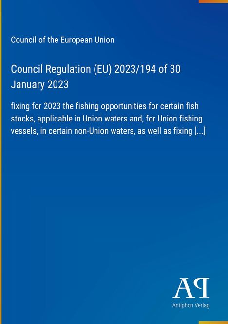 Text: "Council Regulation (EU) 2023/194 of 30 January 2023". 
Blauer Hintergrund, Logo "AR" unten rechts.