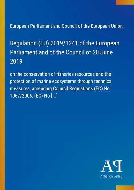 Text zu Regelung EU 2019/1241 über den Fischereischutz. Blaues Layout mit gelbem Rand links, Logo unten rechts.