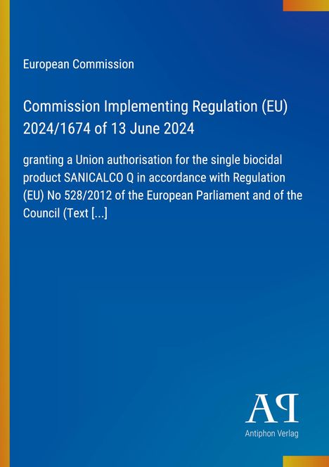 Text zur EU-Verordnung über SANICALCO Q, blauer Hintergrund mit weißem Text, EU-Logo oben links, Verlagslogo unten rechts.