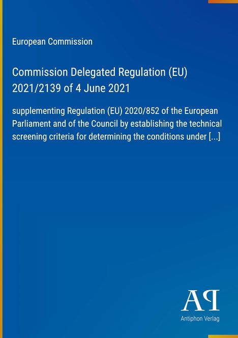 Text zur EU-Verordnung 2021/2139, ergänzt 2020/852, blauem Hintergrund, rechts unten Verlag-Logo.
