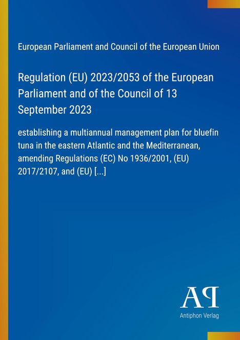 Text zu EU-Verordnung über Blauflossenthun im Atlantik und Mittelmeer, blauer Hintergrund mit gelber und oranger Leiste.
