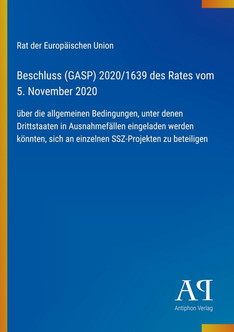 Rat der Europäischen Union, Beschluss (GASP) 2020/1639; gelber Rand links, blauer Hintergrund.