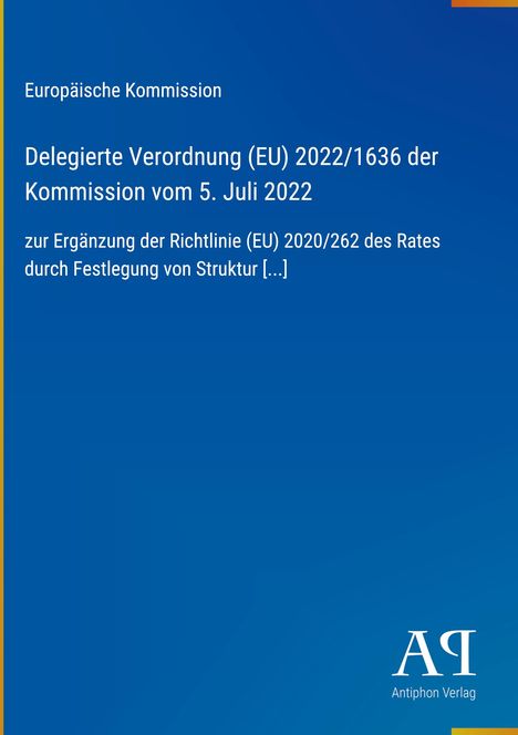 EU-Verordnungstext mit Titel und Details auf blauem Hintergrund. Unten steht "Antiphon Verlag" mit einem Logo.