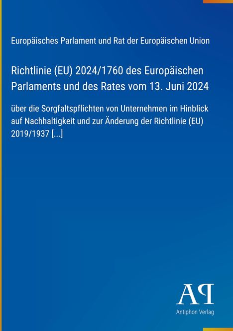 Text: Richtlinie (EU) 2024/1760, Juni 2024, Sorgfaltspflichten, Nachhaltigkeit. Ansicht einer blauen Seite mit einem Logo unten.