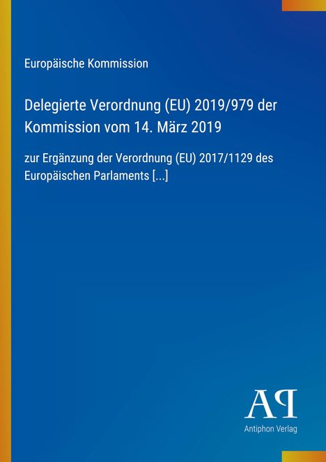 Text der EU-Verordnung auf blauem Hintergrund. Links gelber Streifen. Unten rechts Logo von Antiphon Verlag.