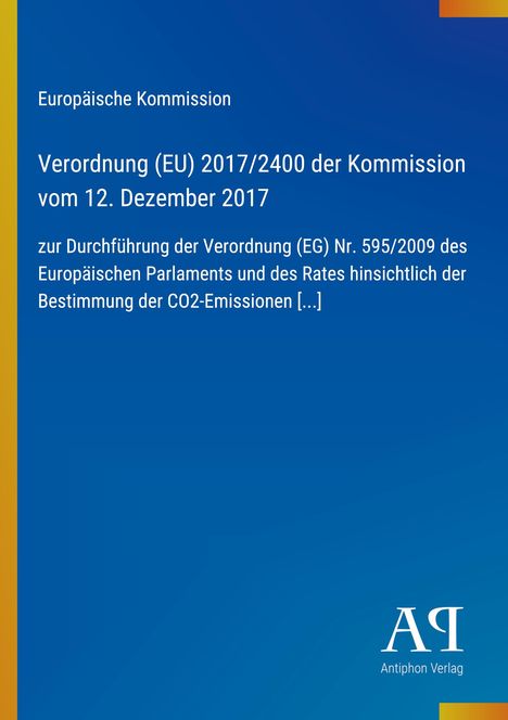 Text über EU-Verordnung zu CO2-Emissionen. Hintergrund in Blau mit gelbem Streifen, unten rechts Logo "Antiphon Verlag".