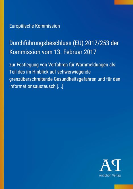 Text zu EU-Beschluss und Warnverfahren. Blauer Hintergrund mit vertikalen farbigen Streifen und weißem Logo.