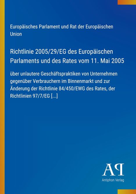Text über EU-Richtlinie zu unlauteren Geschäftspraktiken, dunkelblauer Hintergrund, links gelber Streifen, unten Logo.