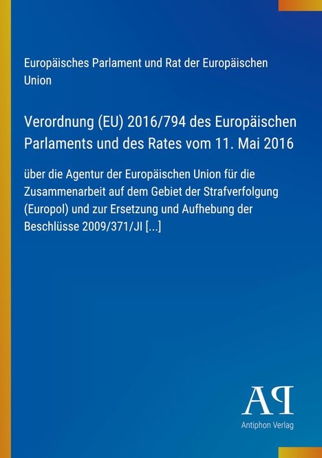 Text über eine EU-Verordnung von 2016, blaues Design, gelber Rand, Logo "A" unten rechts.