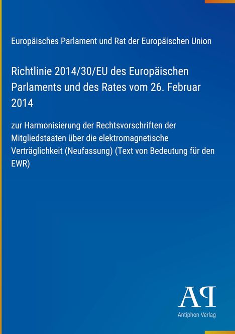 Richtlinie 2014/30/EU zur Harmonisierung elekt. Verträglichkeit. Blaues Hintergrunddesign mit Verlagslogo unten.