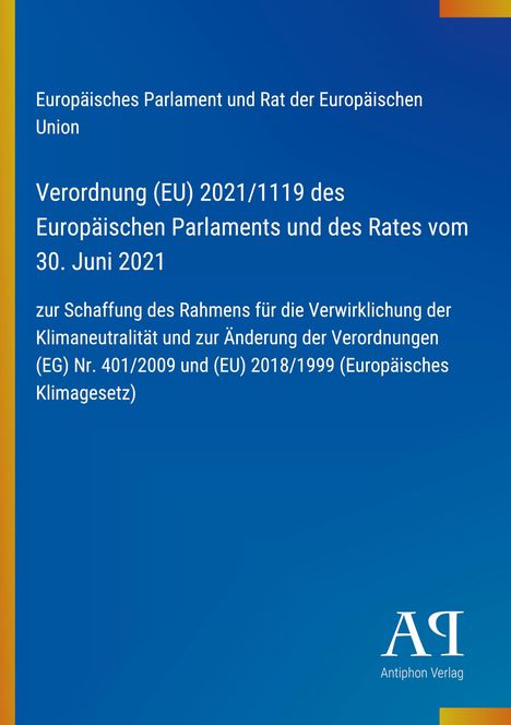 Verordnung (EU) 2021/1119 zur Klimaneutralität. Blaues Design mit gelber Linie links. Unten ein Verlagslogo.