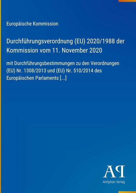 Europäische Kommission, Titel der Verordnung und Datum. Blaues Design mit gelben Akzenten, Verlagslogo unten rechts.