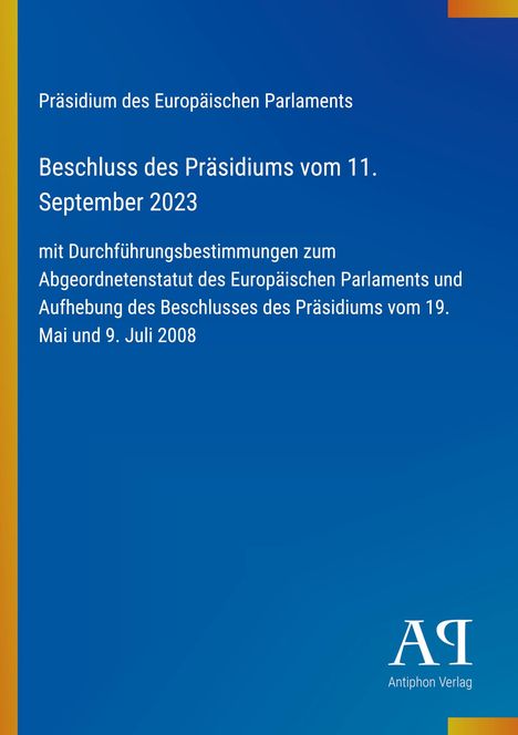 Beschluss des Präsidiums vom 11. September 2023, blaue Hintergrundgrafik mit gelbem Streifen links. Logo unten rechts.