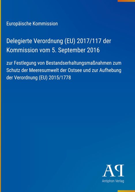 Text über EU-Verordnung zur Ostseeumwelt. Unten, ein Logo mit "AR" und "Antiphon Verlag". Hintergrund in Blau.