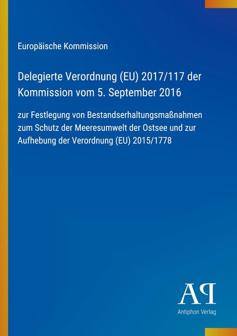 Text über EU-Verordnung zum Meeresschutz, blaues Design, gelber Rand links, Logo unten rechts: "Antiphon Verlag".