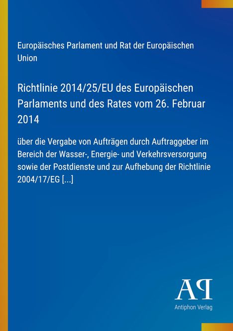Text über EU-Richtlinie zur Auftragsvergabe von 2014; blaues Design mit gelbem Rand unten und rechts, Logo unten.