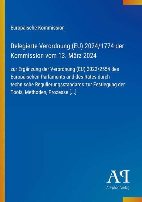 Text: „Delegierte Verordnung (EU) 2024/1774 der Kommission“ und Verlagslogo unten rechts. Hintergrund blau mit gelbem Streifen.
