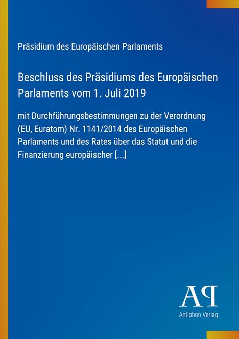 Text zu Verordnung Nr. 1141/2014 des EU-Parlaments. Blauer Hintergrund mit gelbem Streifen und einem kleinen Logo.