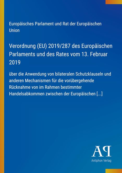 Verordnung (EU) 2019/287 über Schutzklauseln. Blauer Hintergrund mit orangefarbenem Rand und einem Verlag-Logo unten.